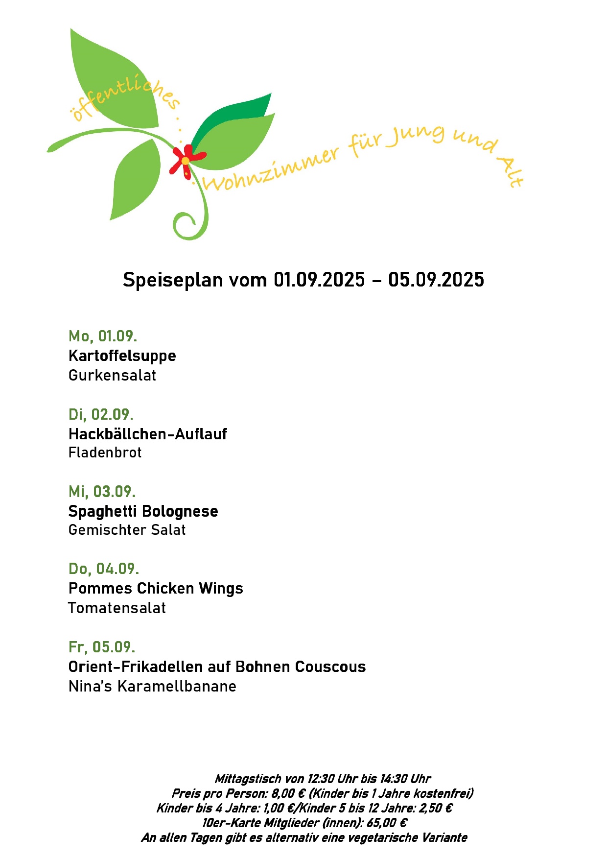 Speiseplan, bitte rufen Sie uns an