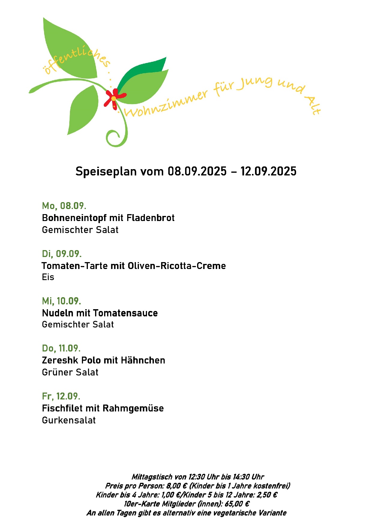 Speiseplan, bitte rufen Sie uns an