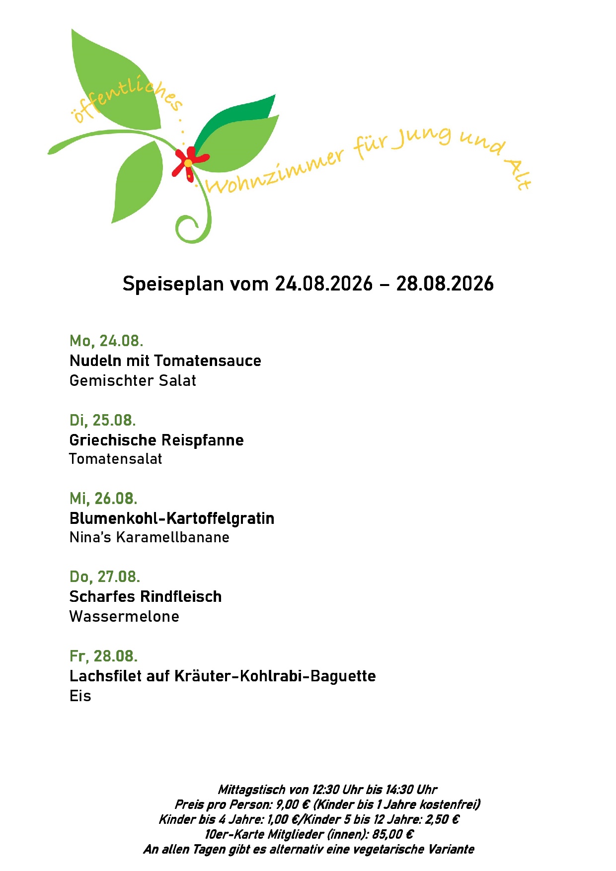 Speiseplan, bitte rufen Sie uns an