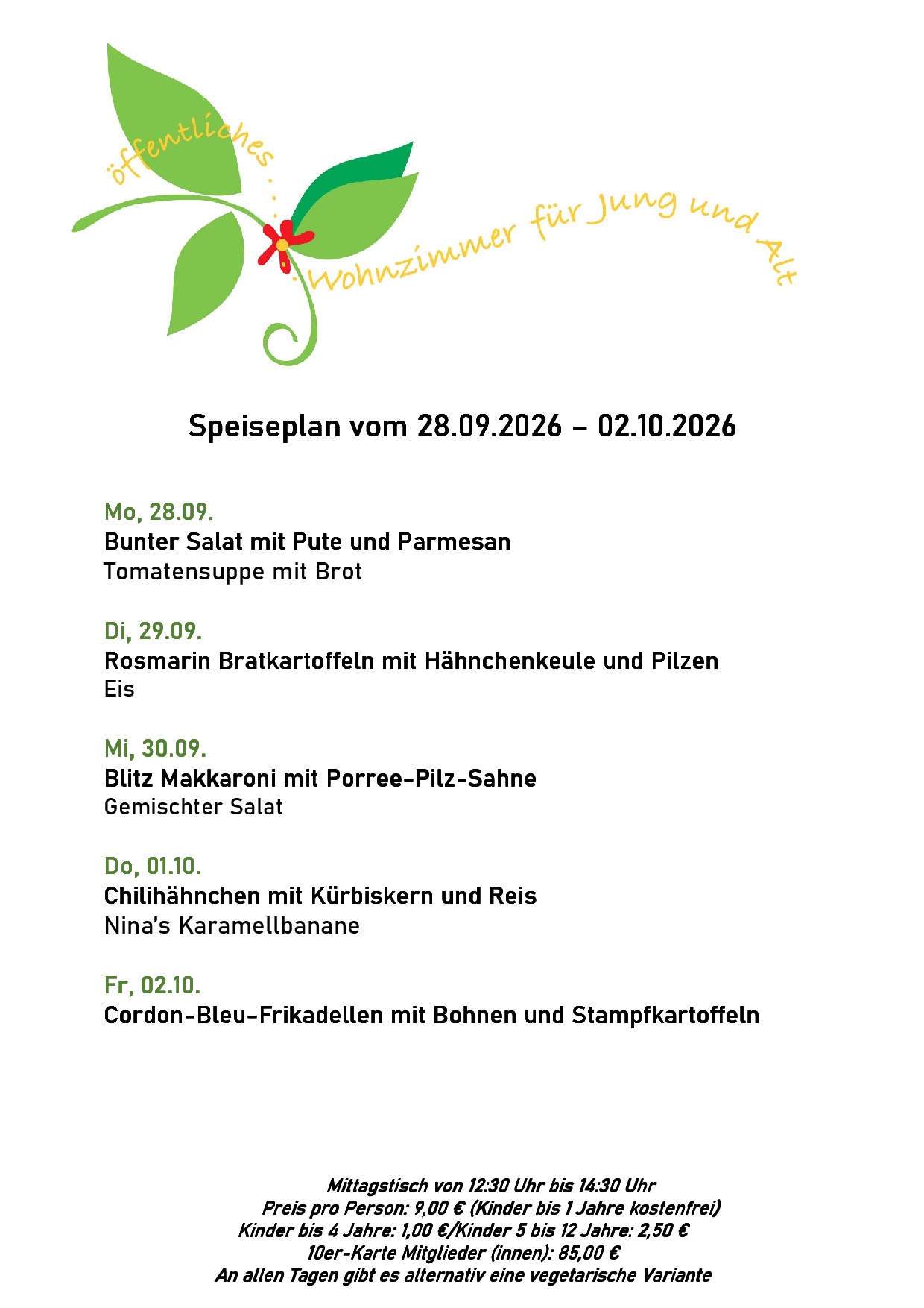 Speiseplan, bitte rufen Sie uns an